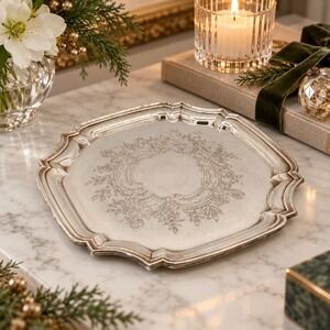 Vintage Lunt Silverplate Engraved Floral Serving Tray Scalloped Edge 10.25"